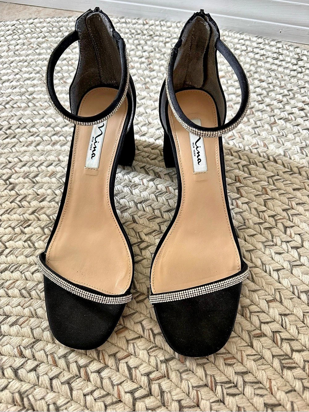 Nina Barby Black Satin Block Heel With Rhinestone Straps US 9M